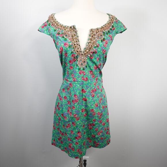 Vintage Plenty by Tracy Reese Green Floral Crystal Beaded Cotton Mini Dress 8 - Picture 2 of 16